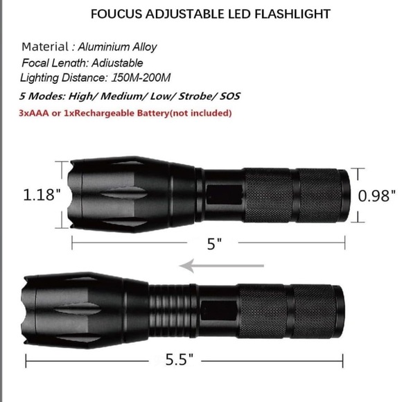 Tactical Flashlight, Adjustable Focus, Battery Powered Waterproof 1000 Lumen LED - Picture 2 of 8